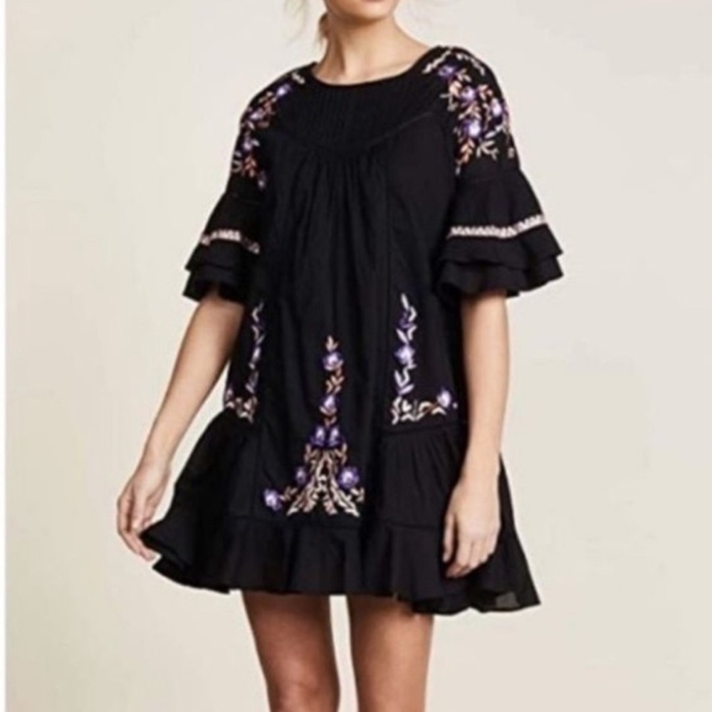 Free People Black Boho Ruffle Pavlo Mini Dress Orange Purple Floral Embroidery - Picture 2 of 16